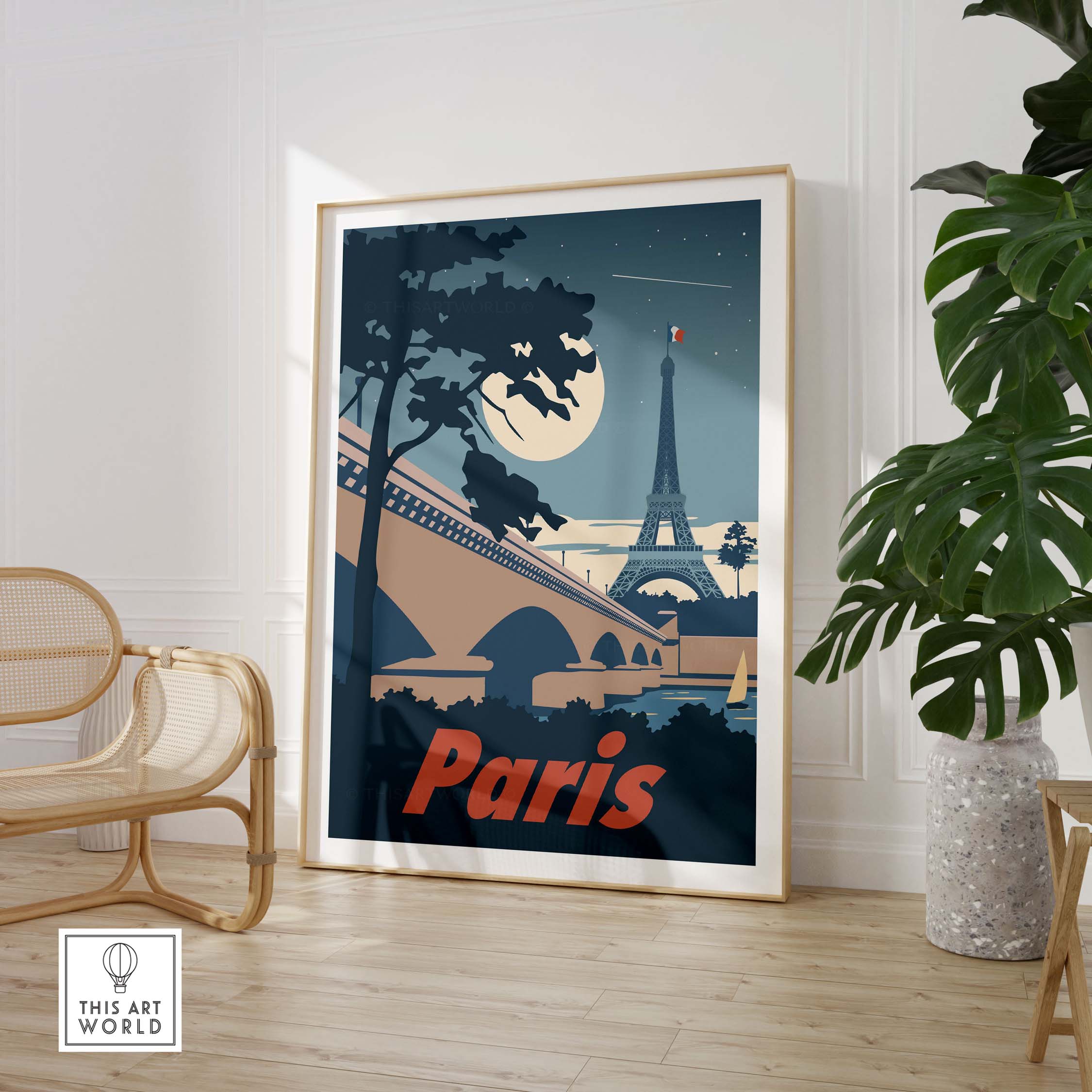 Moonlit Paris poster wall art featuring the Eiffel Tower, vintage style, framed in a modern interior setting.