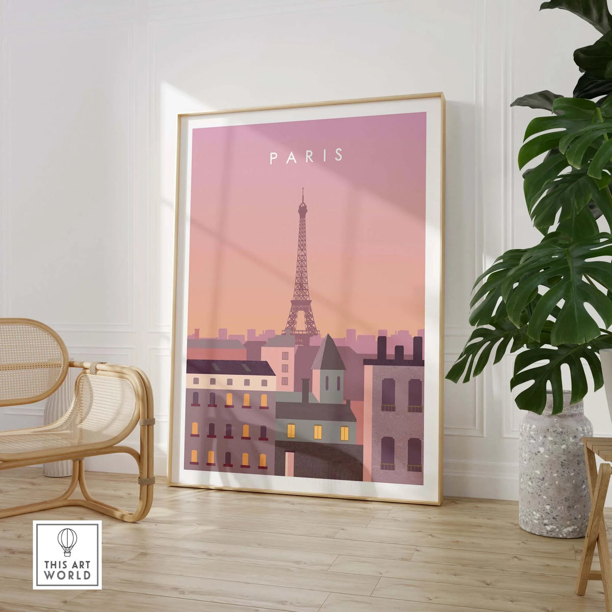 Paris Print Wall Art Poster featuring the Eiffel Tower, framed in a stylish interior setting with a warm color palette.