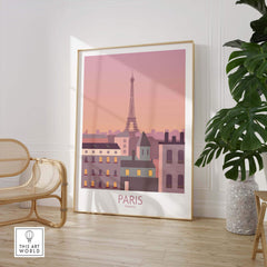 Framed Paris Print Travel Poster featuring the Eiffel Tower and vintage-inspired design in a stylish room.