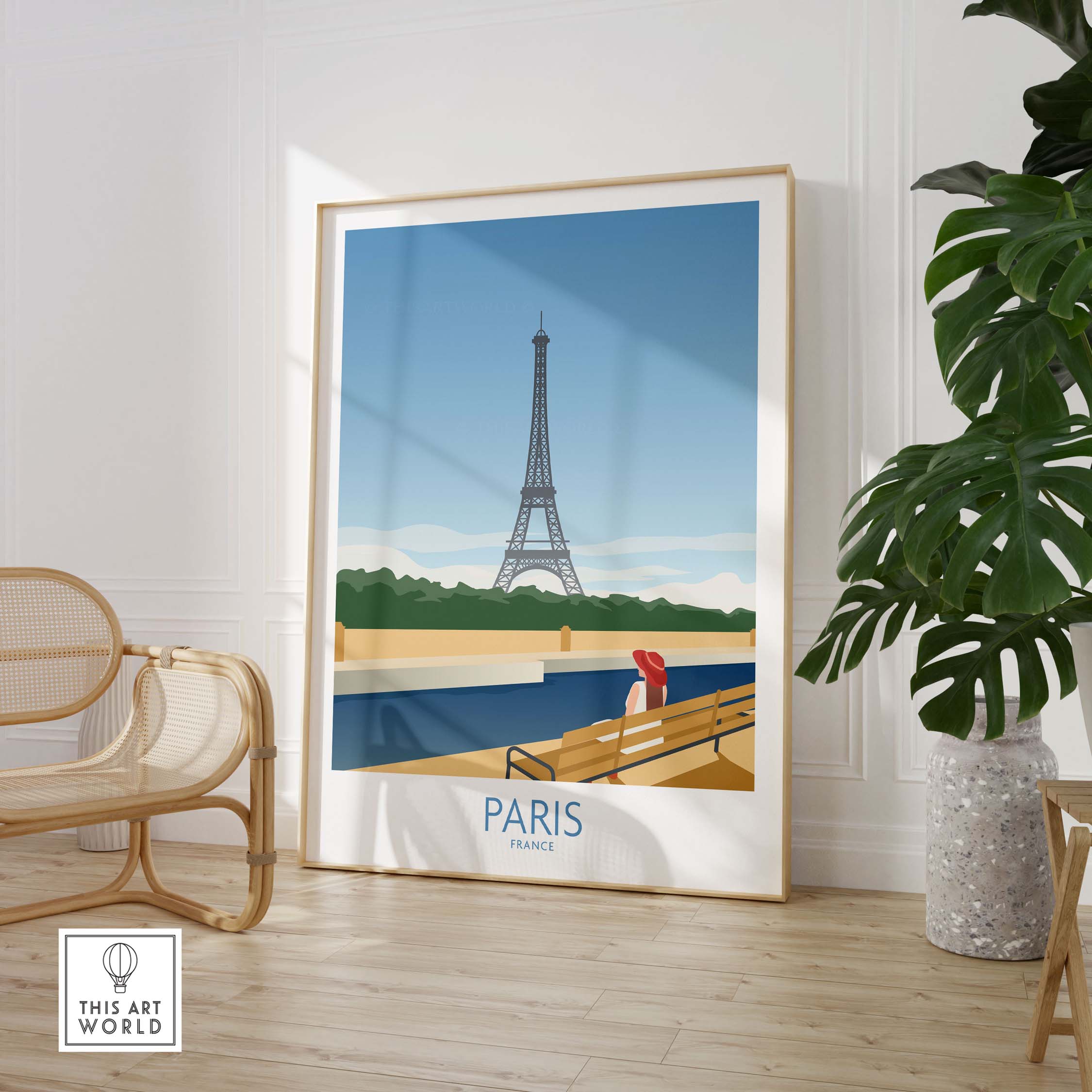 Paris Wall Art Poster Print featuring the Eiffel Tower in a stylish interior setting with a vintage travel vibe.
