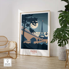 Paris France travel poster featuring the Eiffel Tower under a moonlit sky, perfect for home or office decor.