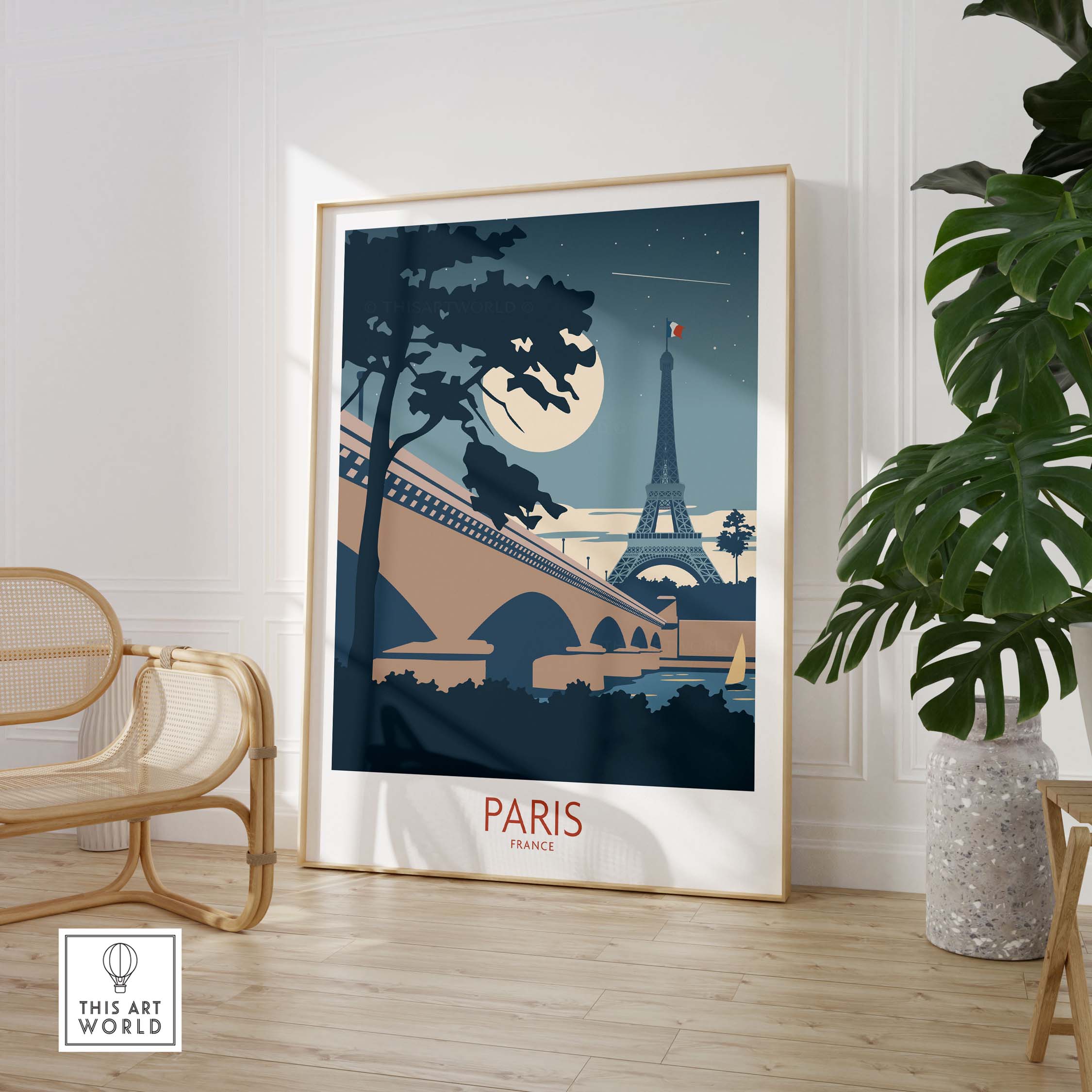 Paris France travel poster featuring the Eiffel Tower under a moonlit sky, perfect for home or office decor.