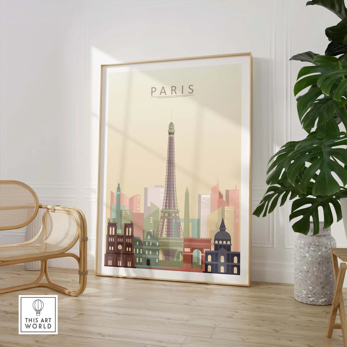 Paris City Skyline Wall Art featuring the Eiffel Tower and pastel-colored architectural designs in a cozy interior setting.