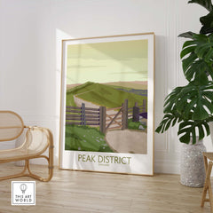 Peak District Art Print displayed in a stylish setting, featuring a vintage landscape design inspired by England's scenery.
