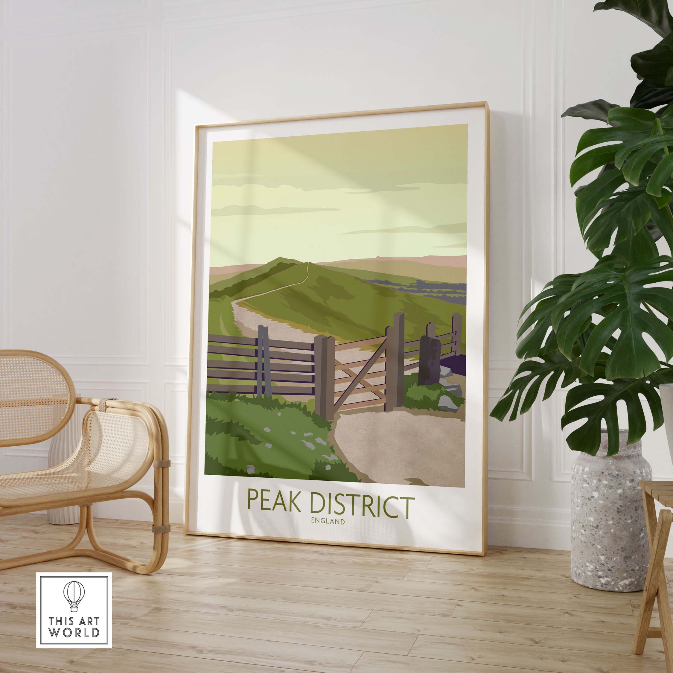 Peak District Art Print displayed in a stylish setting, featuring a vintage landscape design inspired by England's scenery.