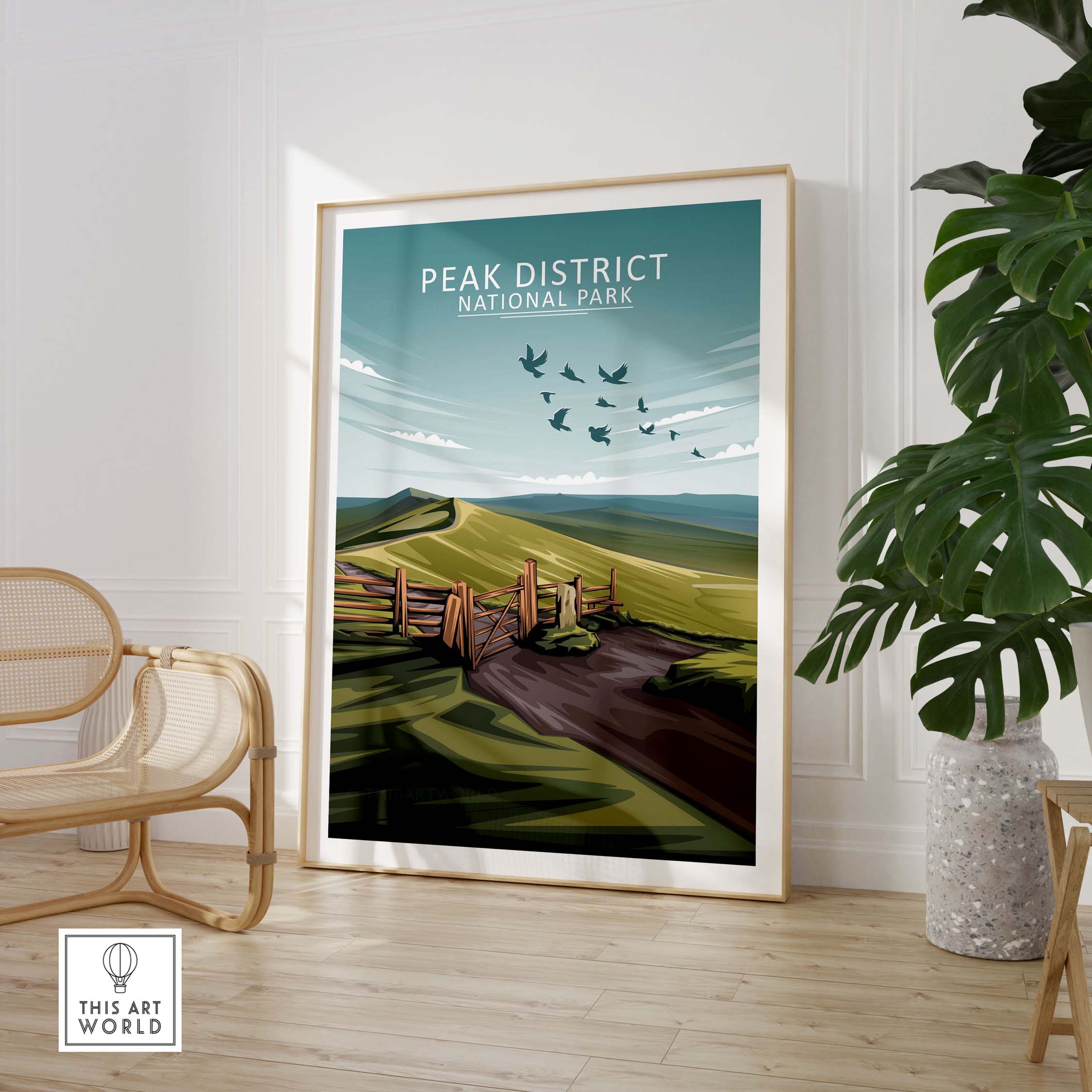 Peak District National Park poster framed in a stylish indoor setting with a minimalist design, showcasing nature.