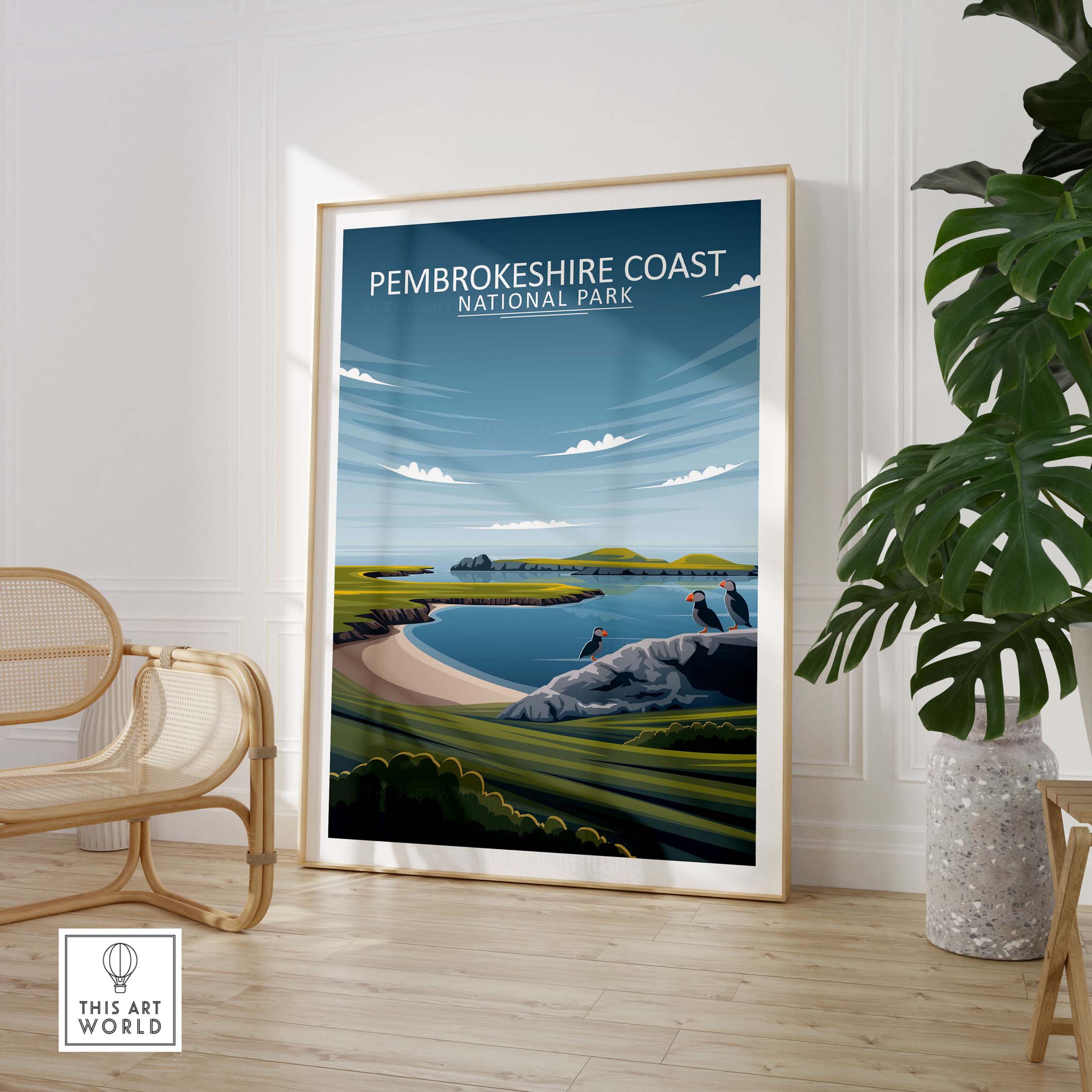 Pembrokeshire Coast National Park Poster in a stylish frame, showcasing minimalist nature art for home decor.