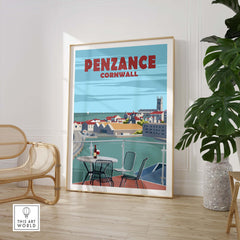 Penzance Cornwall poster print in a stylish frame, showcasing a vibrant travel scene for home decor.