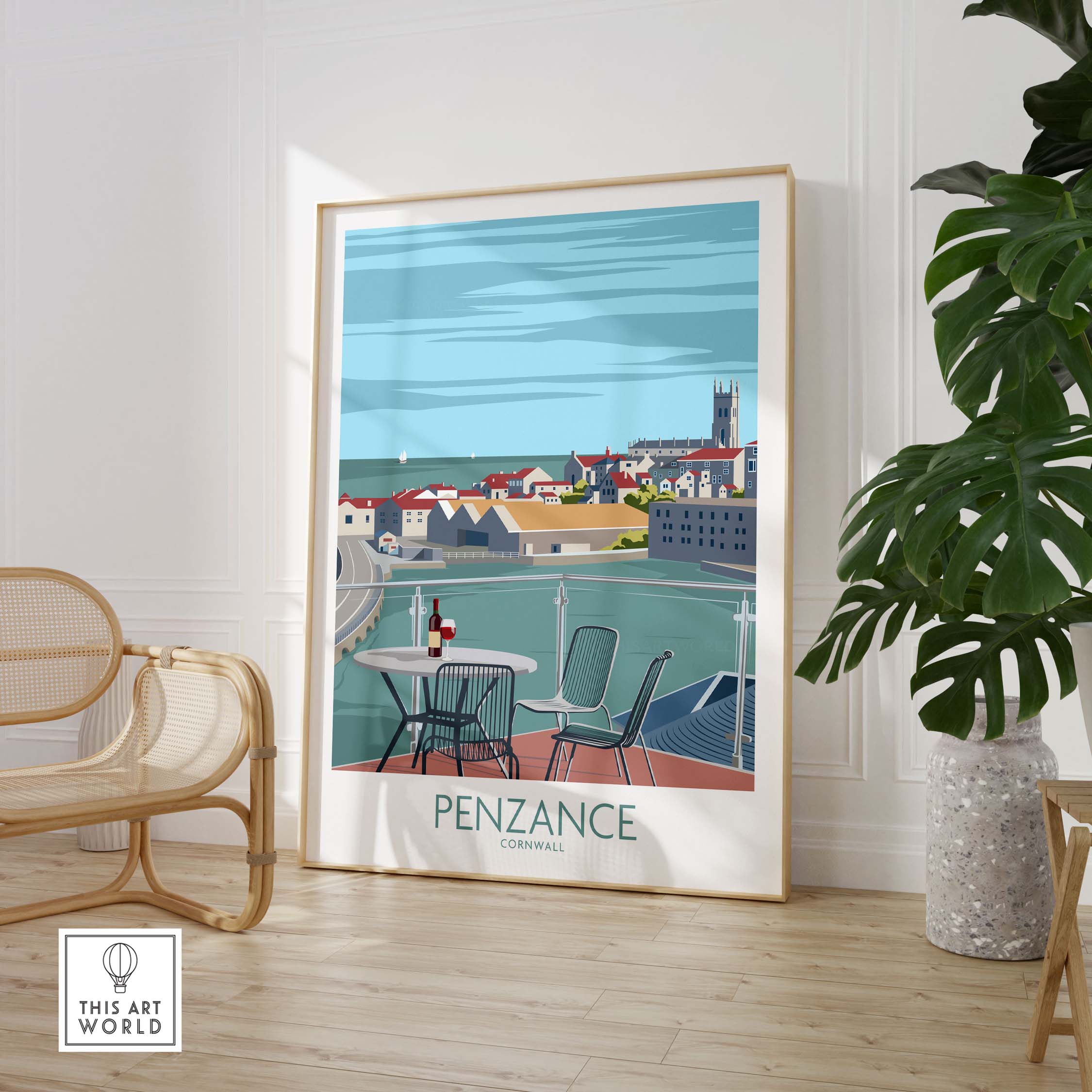 Penzance Poster Cornwall Print in a stylish room, showcasing a coastal view with minimalist design and vibrant colors.