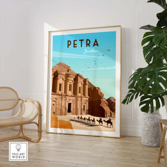 Petra Travel Poster Print showcasing the ancient city of Petra, Jordan in a minimalist vintage style.