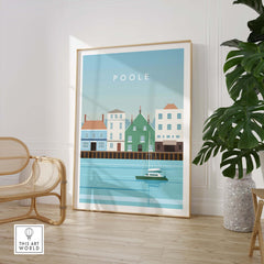 Poole Print Poster Dorset Wall Art showcasing colorful houses and a boat on calm water, perfect for stylish home decor.
