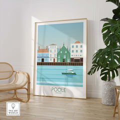 Poole Dorset travel poster print featuring colorful buildings and a boat on water, framed art for home decor.