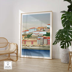 Porto Portugal wall art poster showcasing colorful vintage-inspired buildings by the river in a stylish home setting.