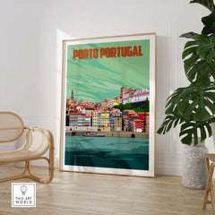 Framed Porto Print Poster Wall Art showcasing colorful buildings by the river in Portugal, perfect for home or office decor.