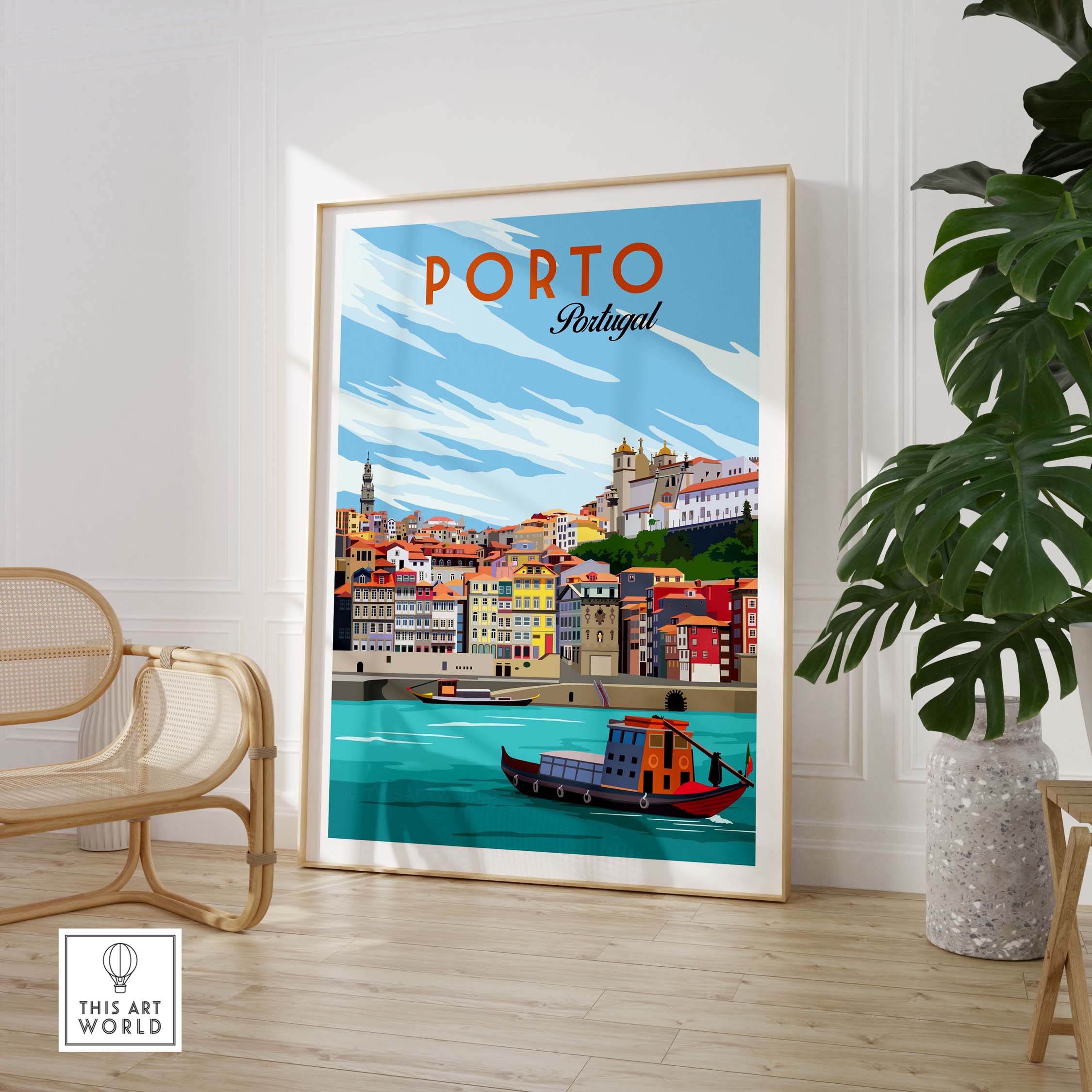 Porto Poster showcasing vibrant coastal city scenery of Porto, Portugal in a minimalist style, framed in a stylish interior.