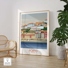 Porto Wall Art Portugal Print featuring colorful vintage houses by the river, perfect for home or office decor.