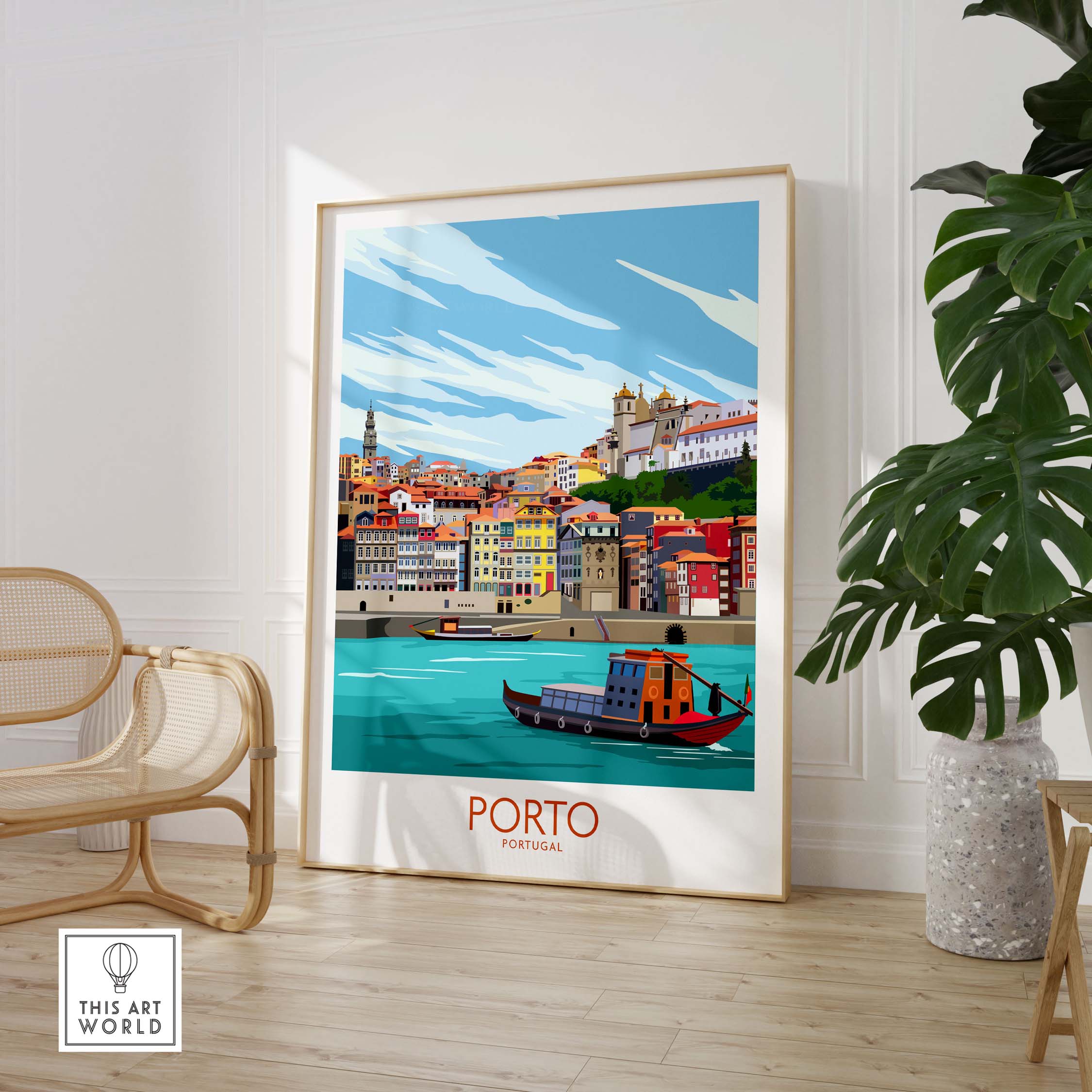 Porto travel poster print showcasing colorful buildings and river view, perfect for home or office decor.