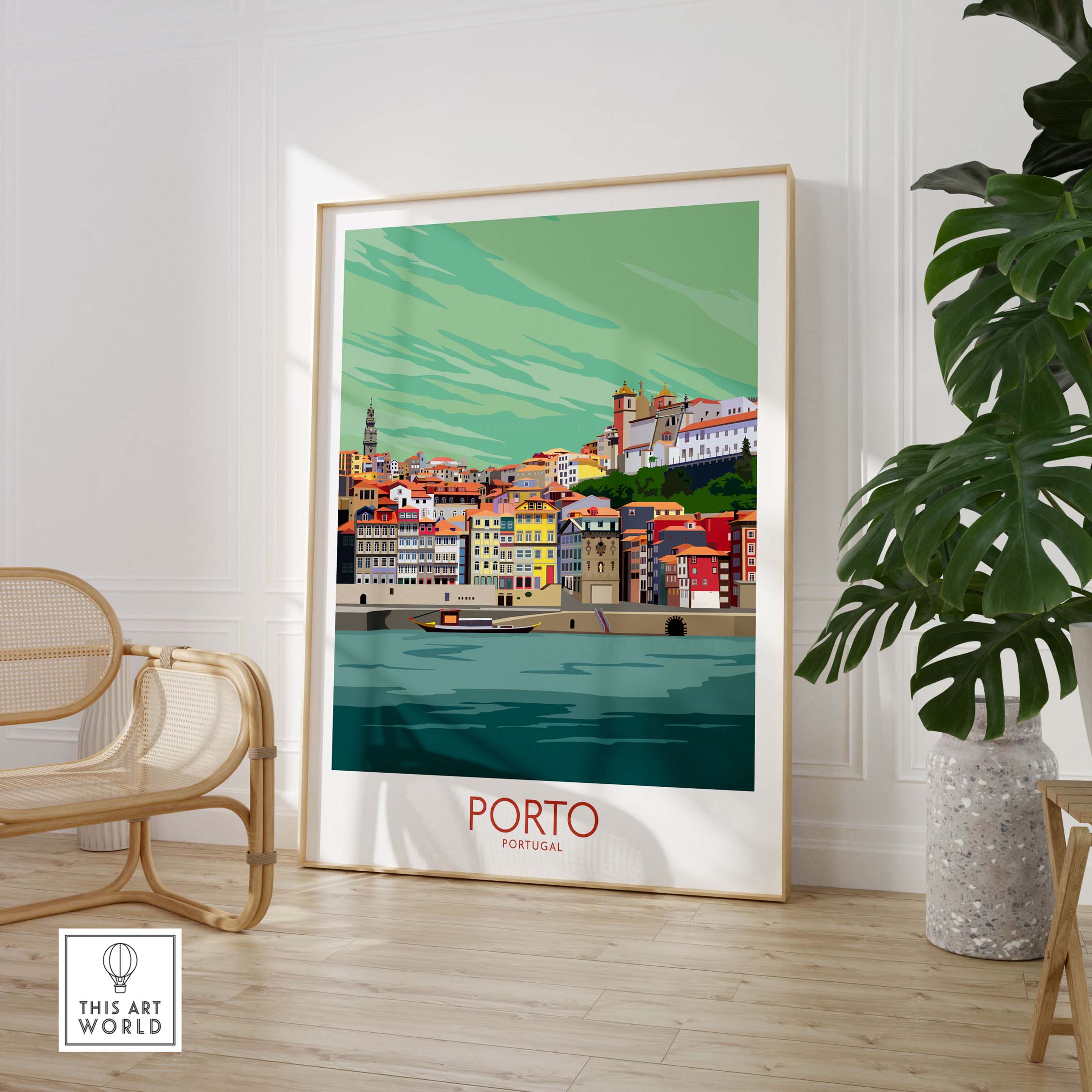 Porto Portugal travel poster featuring a vibrant cityscape, framed art against a stylish interior backdrop.
