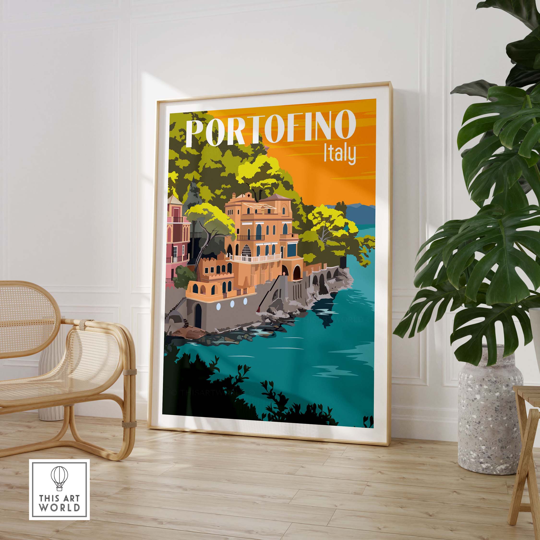 Vintage Portofino Print Poster Wall Art featuring colorful coastal scenery and Italian charm.