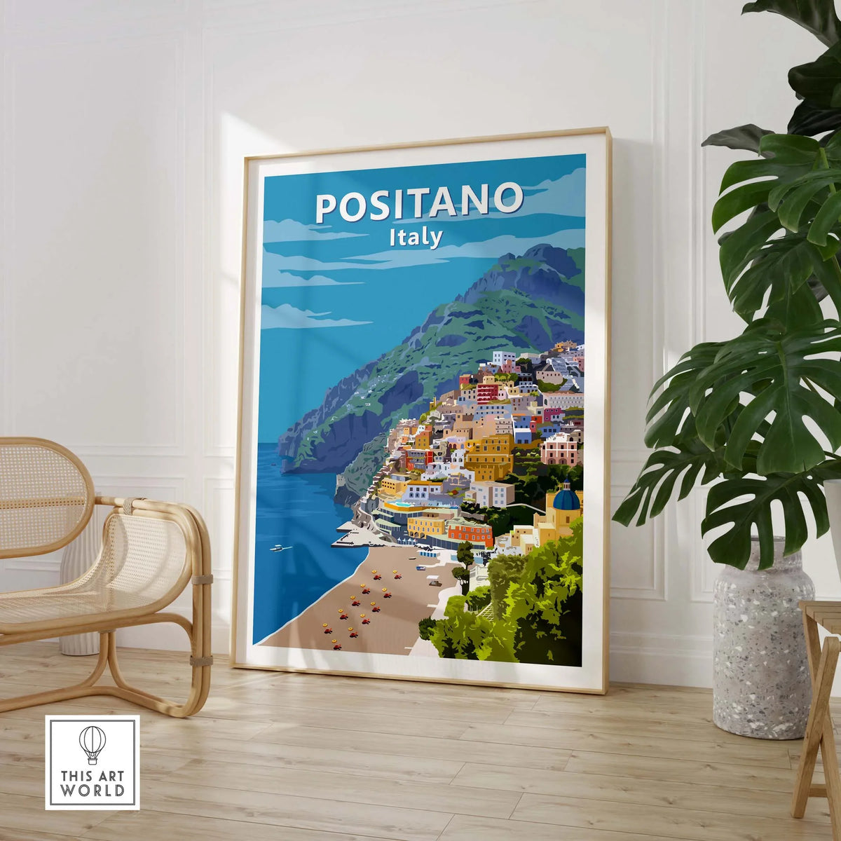 Positano poster print wall art showcasing colorful buildings and coastal scenery in Italy.