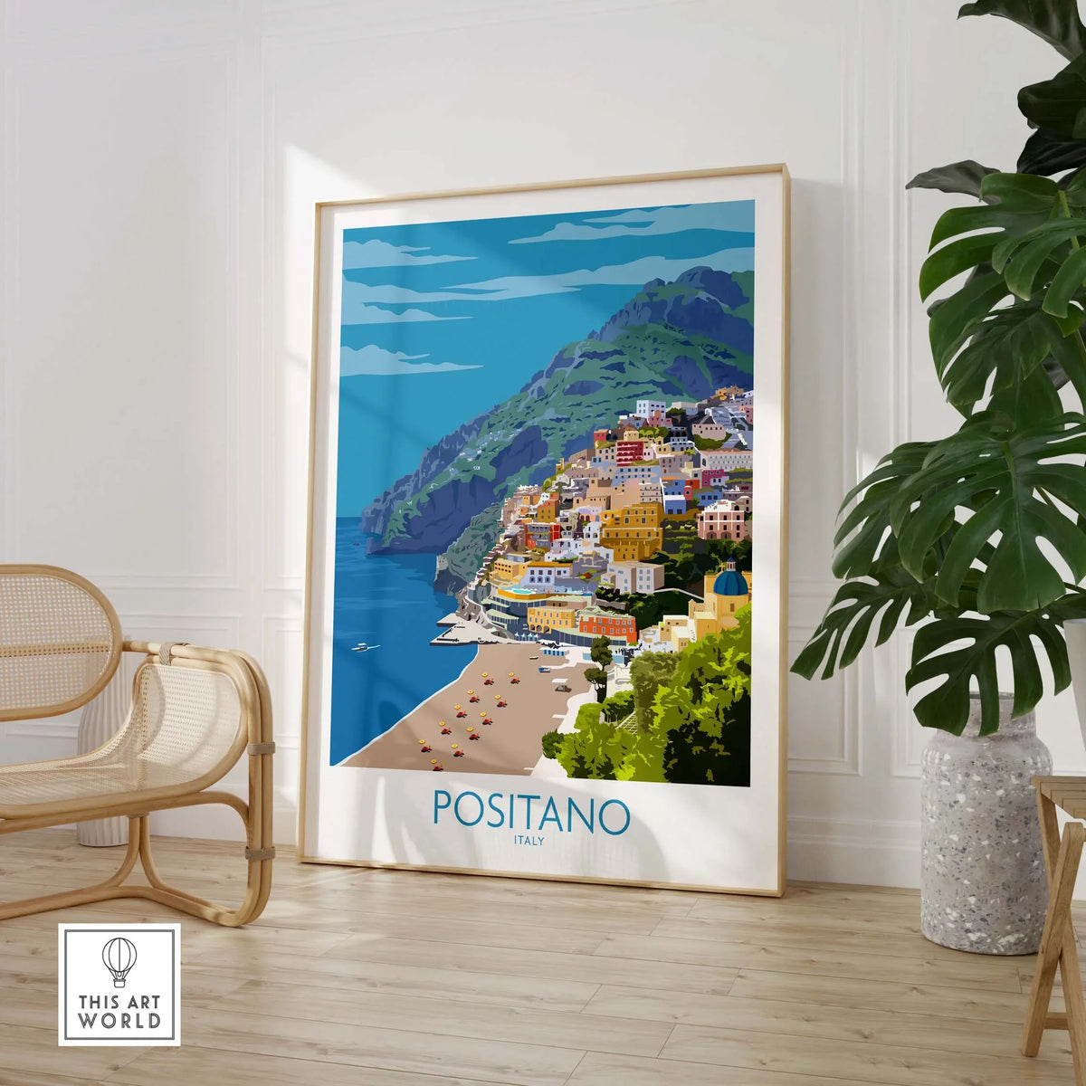 Positano Print Travel Poster showcasing vibrant Amalfi Coast scene, suitable for home or office decor.