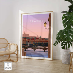Prague Print Wall Art Poster featuring a sunset over the city with a bridge, styled in vintage travel aesthetics.