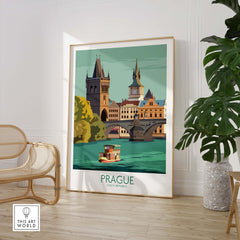 Vintage Prague poster travel print showcasing historic architecture by the river in a stylish framed display.