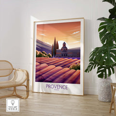 Provence vintage travel poster with fields and mountains, colorful sunset, framed in a stylish interior.