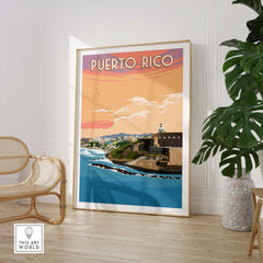 Puerto Rico wall art San Juan, vintage-inspired poster capturing the coastal view and vibrant colors.