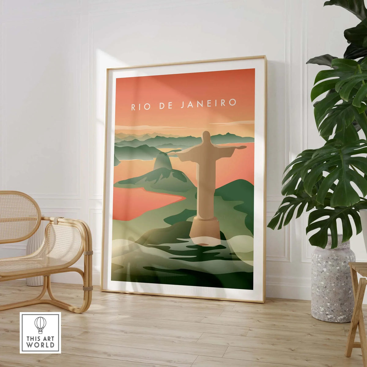 Rio de Janeiro wall art poster featuring the iconic Christ the Redeemer statue in a vintage style decor setting.