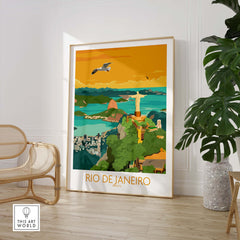 Vintage style Rio Brazil poster showcasing Christ the Redeemer and scenic views of Rio de Janeiro in vibrant colors.