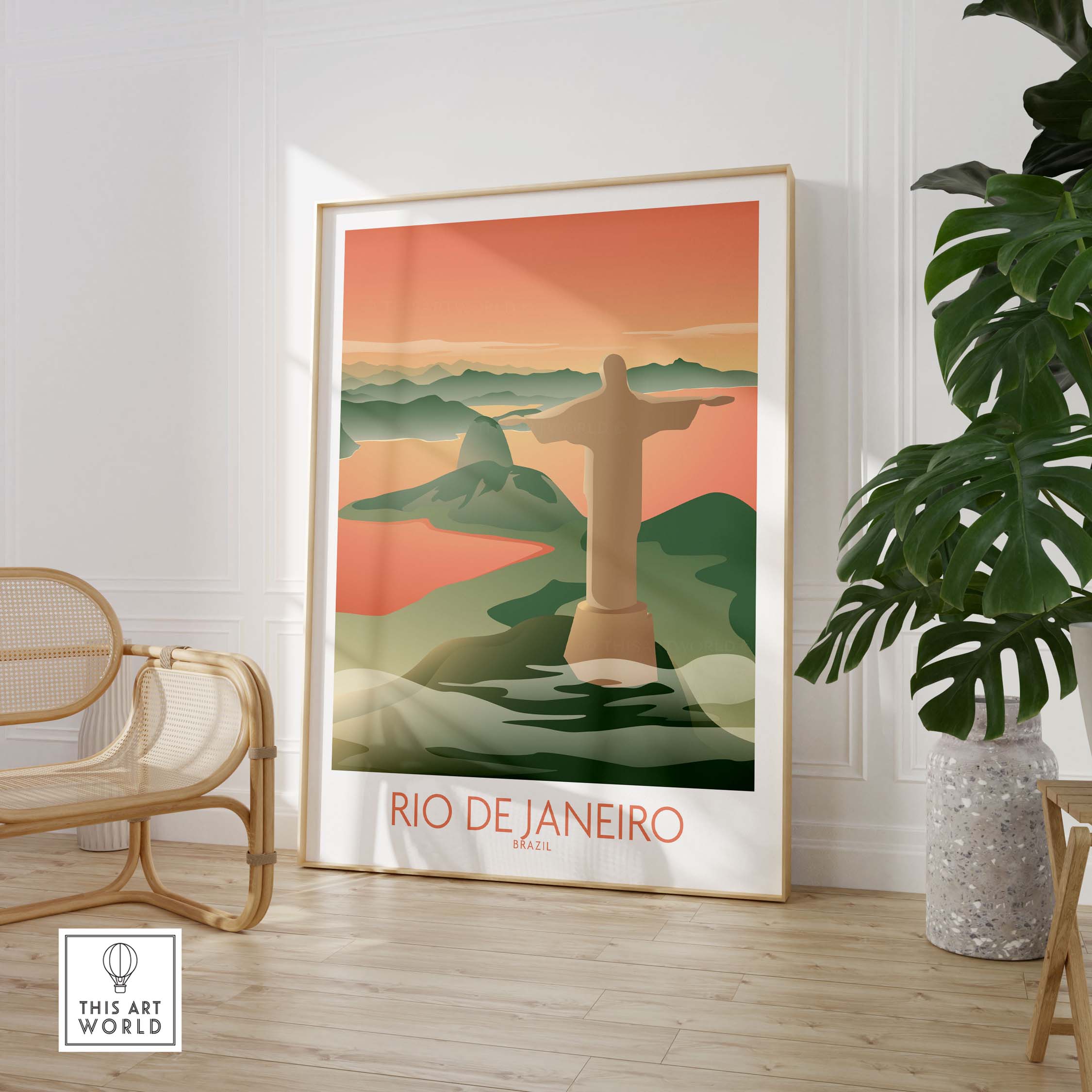 Framed Rio de Janeiro wall art featuring the Christ the Redeemer statue and vibrant landscape, perfect for home decor.