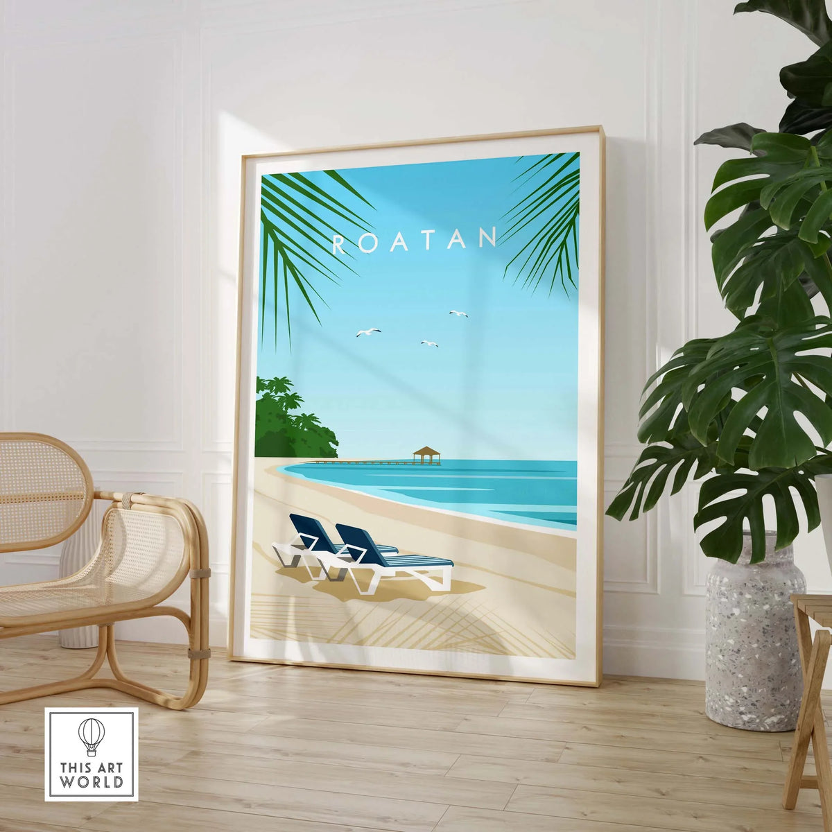 Roatan art print featuring a serene beach and palm trees, perfect for home or office decor.