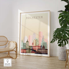 Rochester Skyline Wall Art Print framed in a modern interior, showcasing iconic buildings in pastel colors.