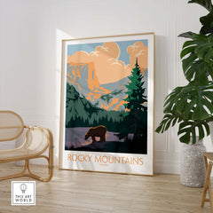 Rocky Mountains Canada Poster featuring a bear and scenic landscape, perfect for travel and nature lovers.