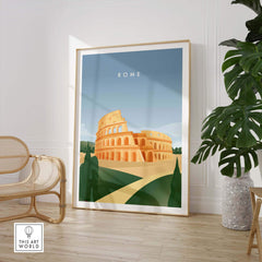 Vintage-inspired Rome wall art poster featuring the Colosseum in a stylish interior setting.