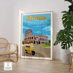 Rome Print Poster featuring the Colosseum and a vintage scooter in a stylish interior setting.