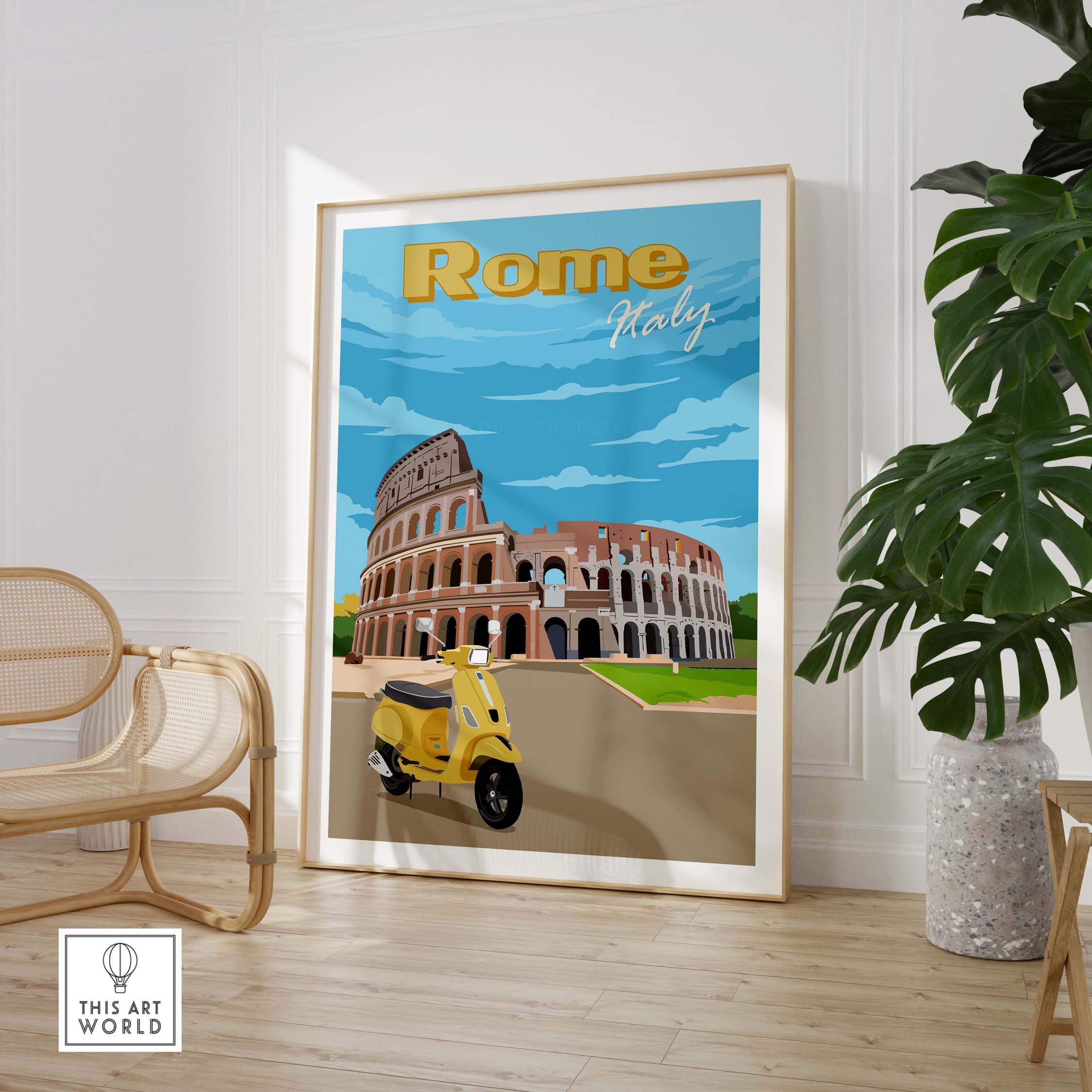 Rome Print Poster featuring the Colosseum and a vintage scooter in a stylish interior setting.