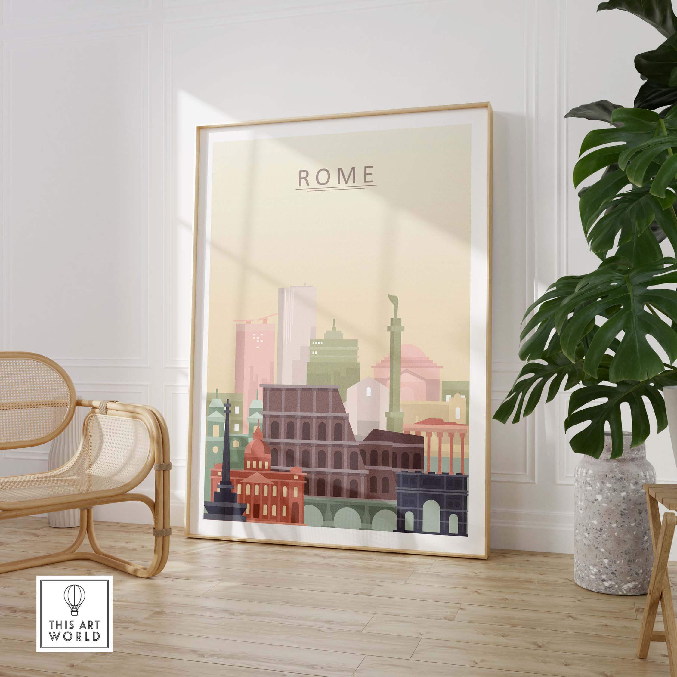 Framed Rome City Skyline print showcasing iconic landmarks in warm pastel tones, perfect for stylish wall art decor.