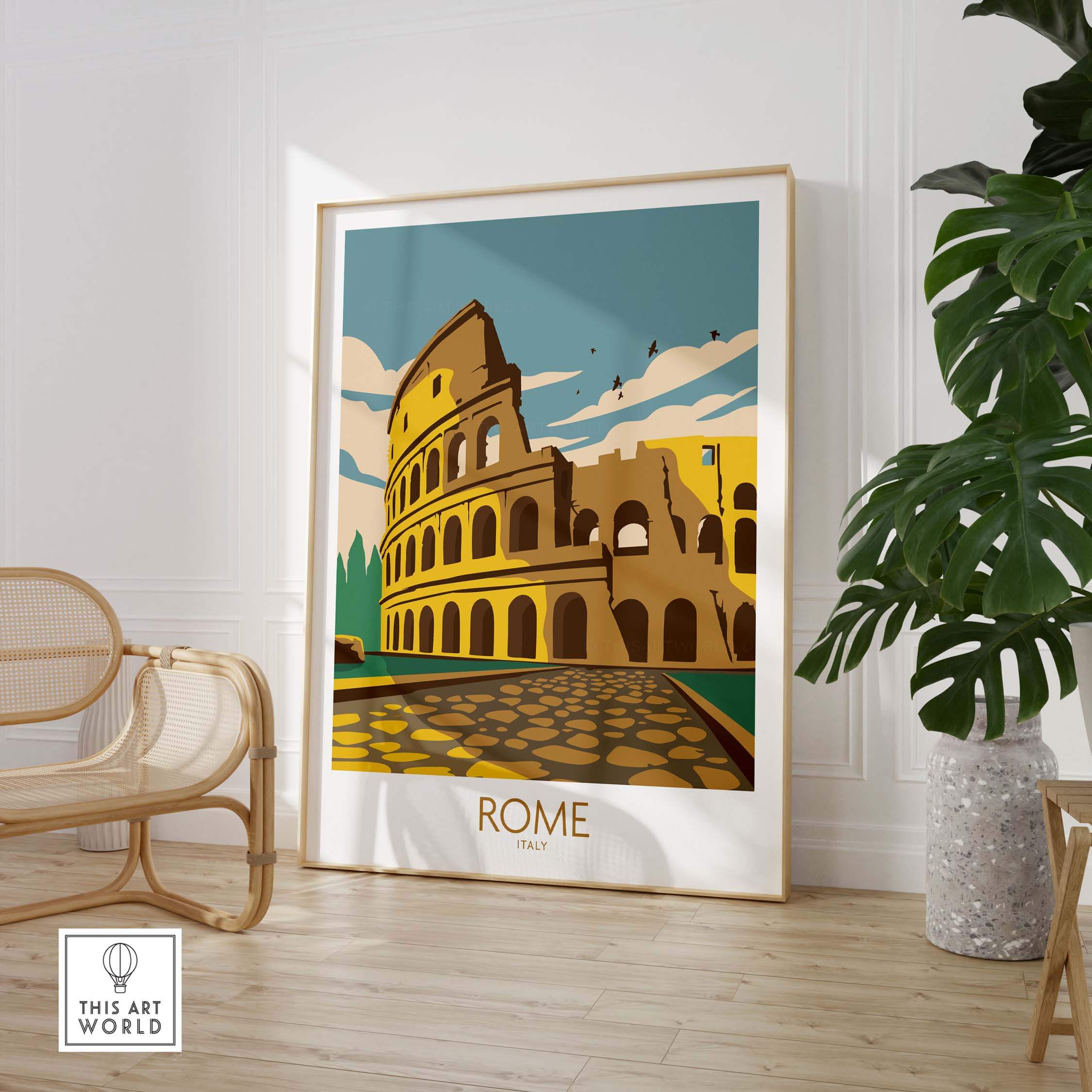 Vintage style Rome travel poster featuring the Colosseum, perfect wall art for travel enthusiasts.