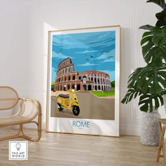 Vintage-inspired Rome travel poster print featuring the Colosseum and a yellow scooter in a stylish interior setting.
