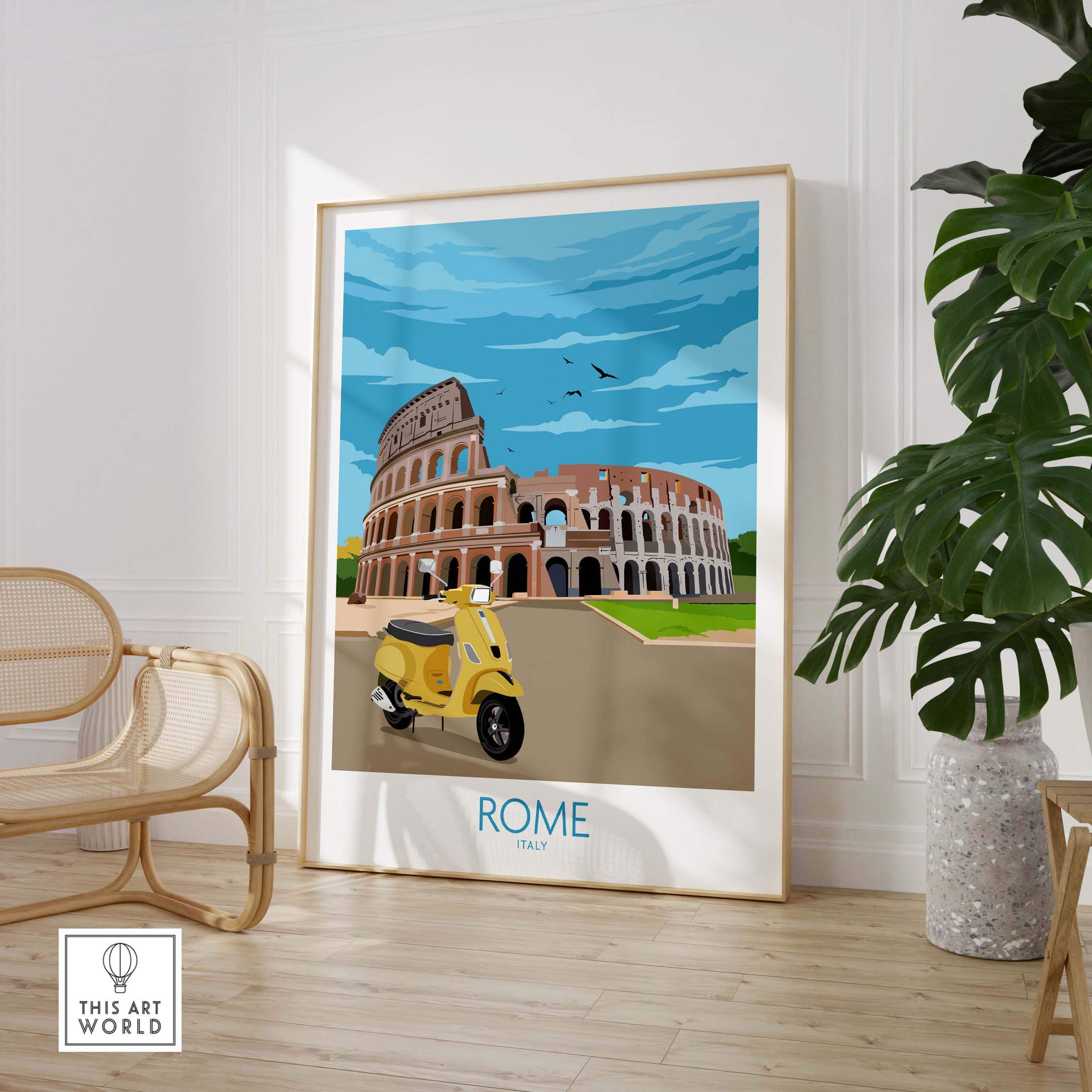 Vintage-inspired Rome travel poster print featuring the Colosseum and a yellow scooter in a stylish interior setting.