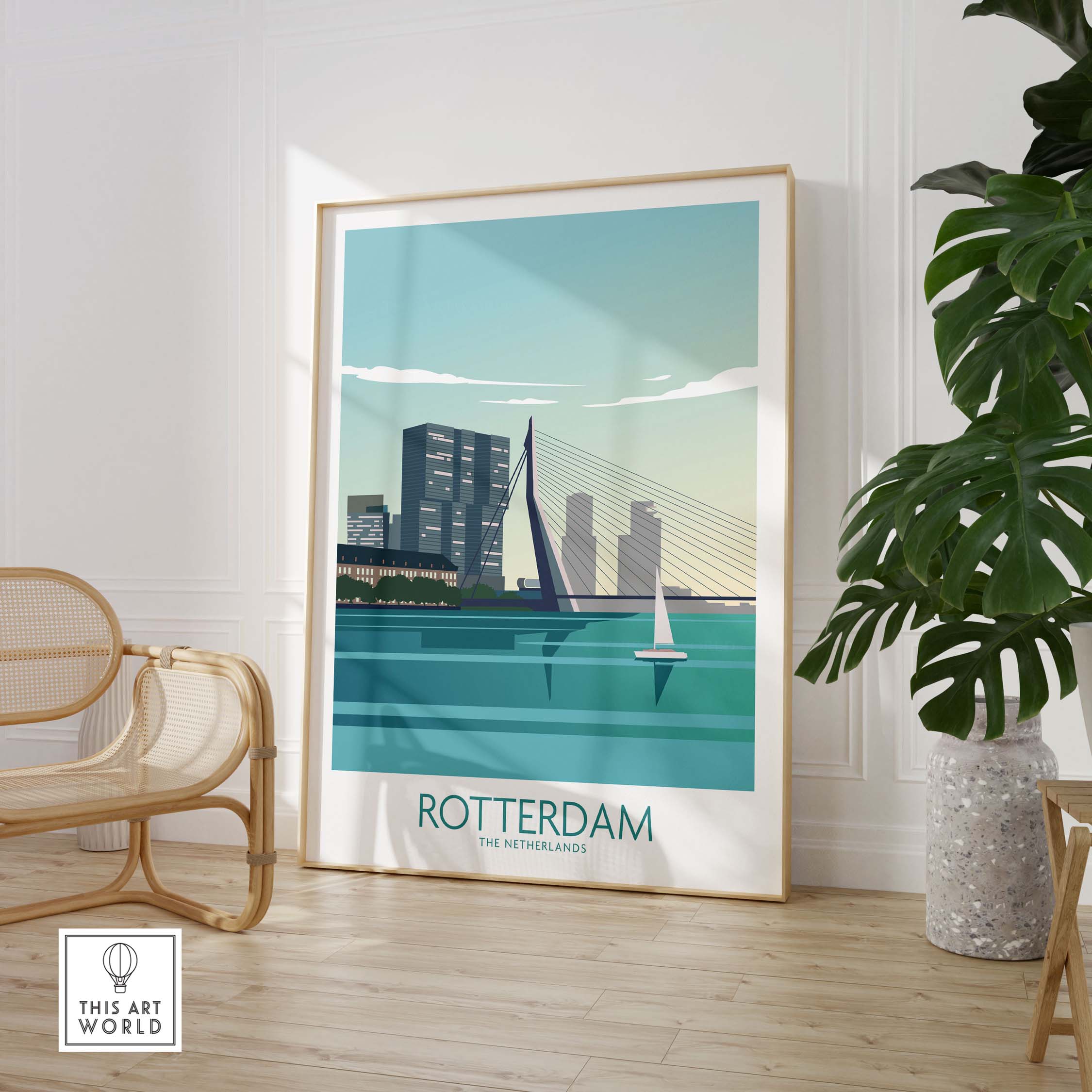 Rotterdam Poster featuring a modern cityscape and sailboat in a stylish interior setting, perfect for home decor.