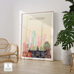 Rotterdam Skyline Print in warm pastel tones, framed artwork showcasing the city's iconic architecture.