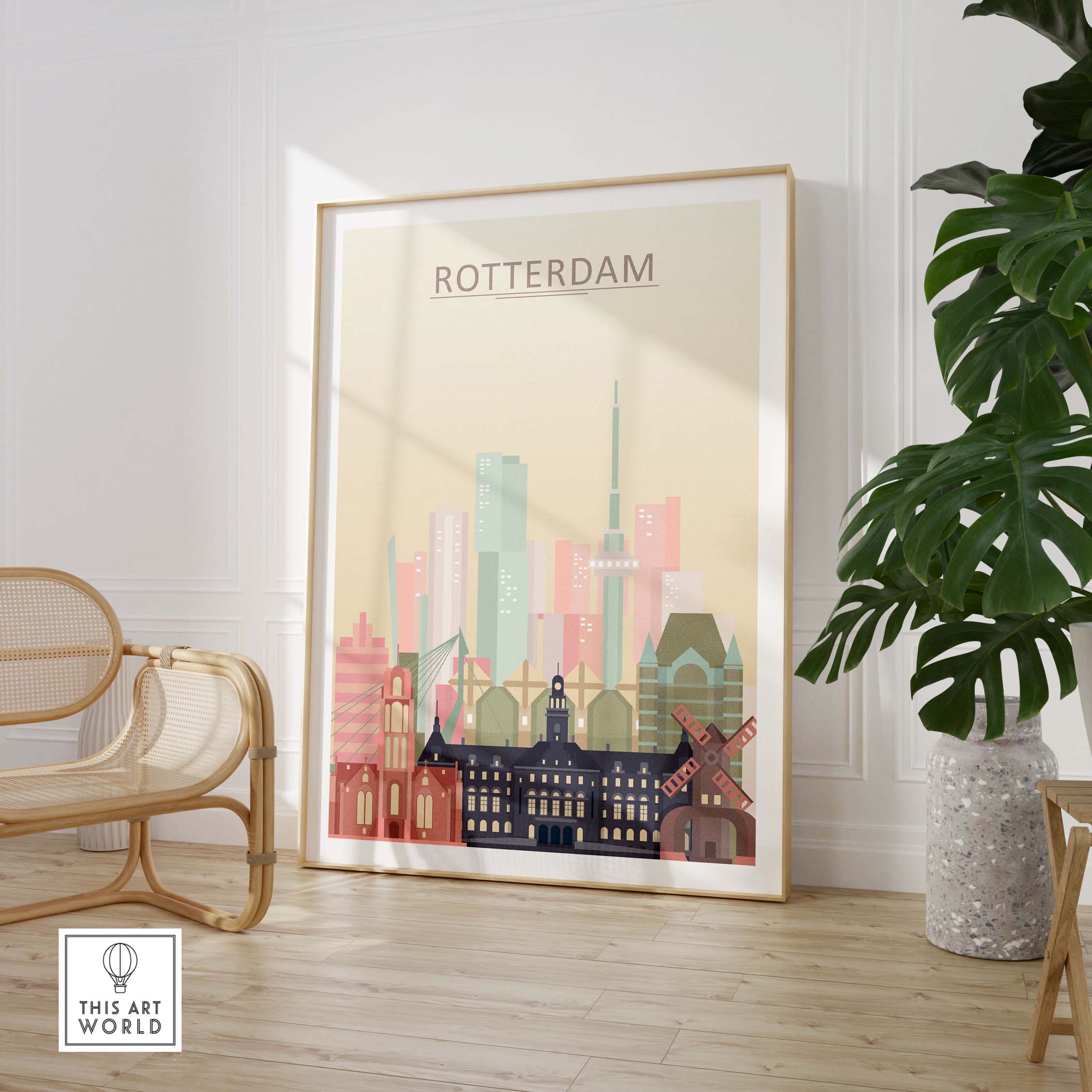 Rotterdam Skyline Print in warm pastel tones, framed artwork showcasing the city's iconic architecture.