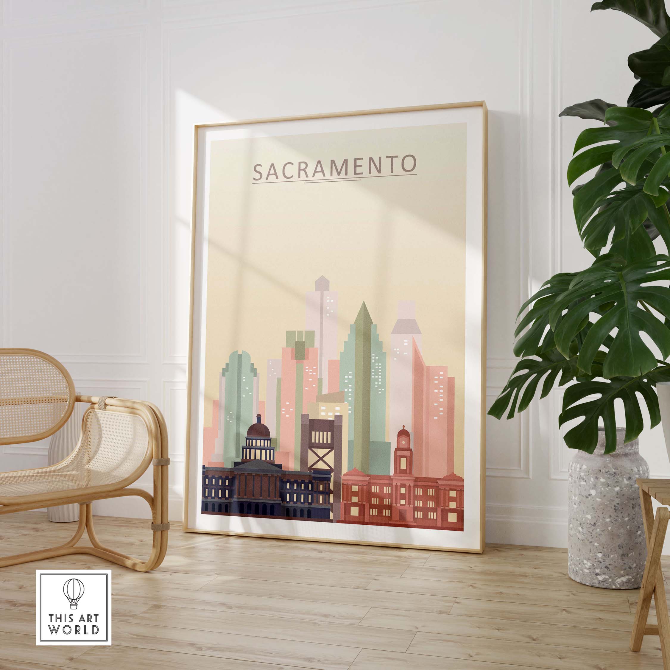 Sacramento Skyline Poster featuring iconic buildings in pastel tones, perfect for home or office decor.