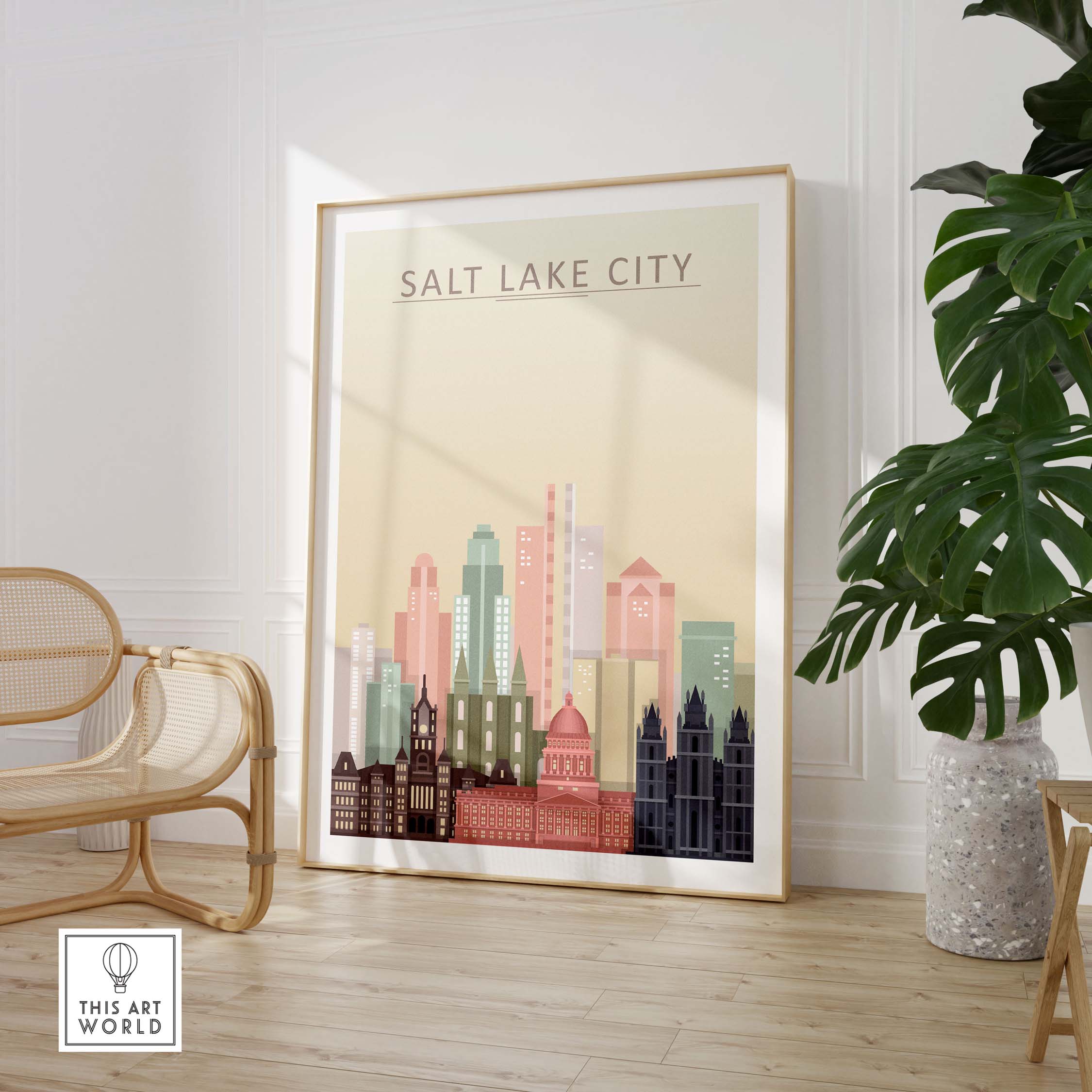 Salt Lake City skyline wall art print featuring architectural elements in pastel tones.