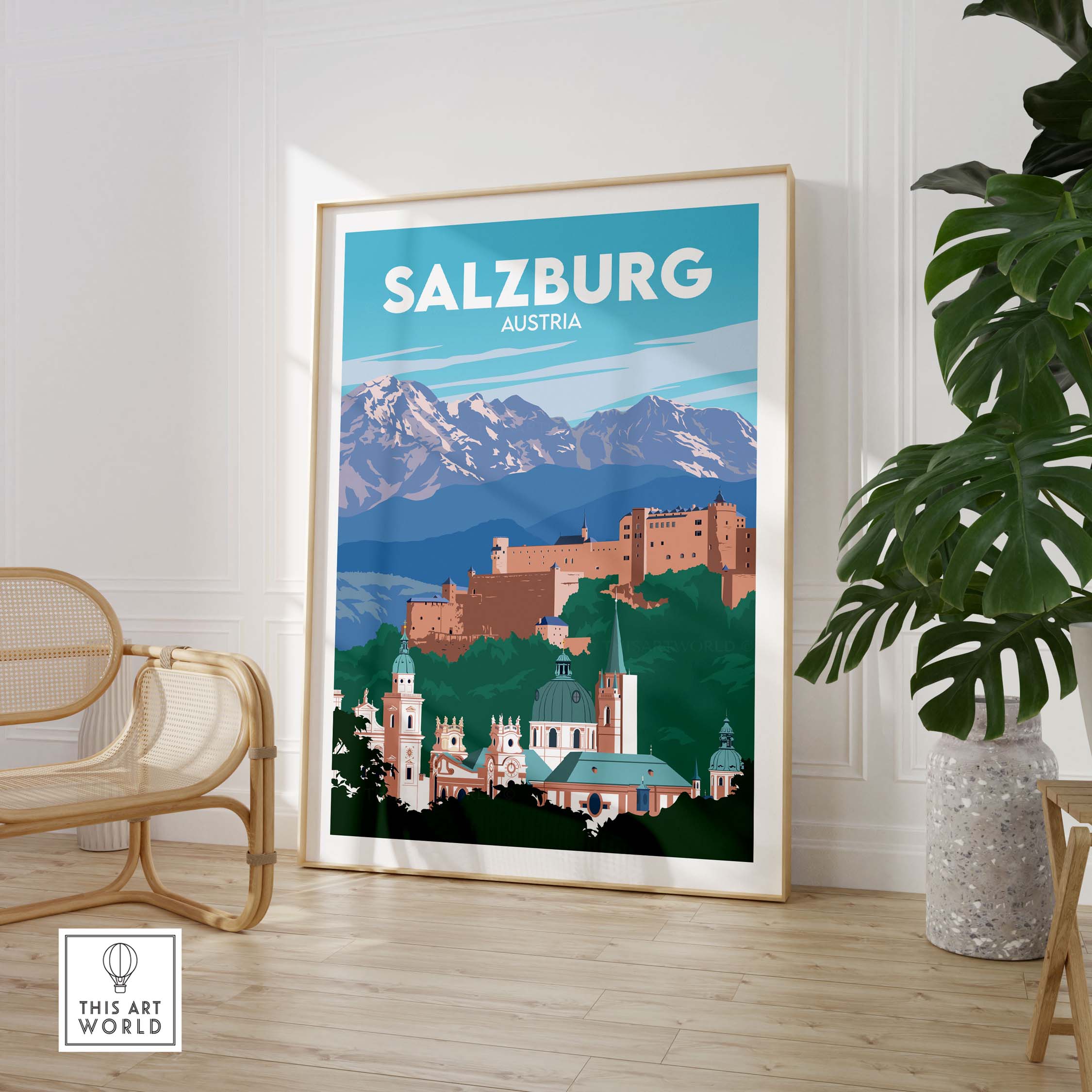 Salzburg travel poster print featuring mountains and architecture in a minimalist design, framed and displayed in a stylish interior.