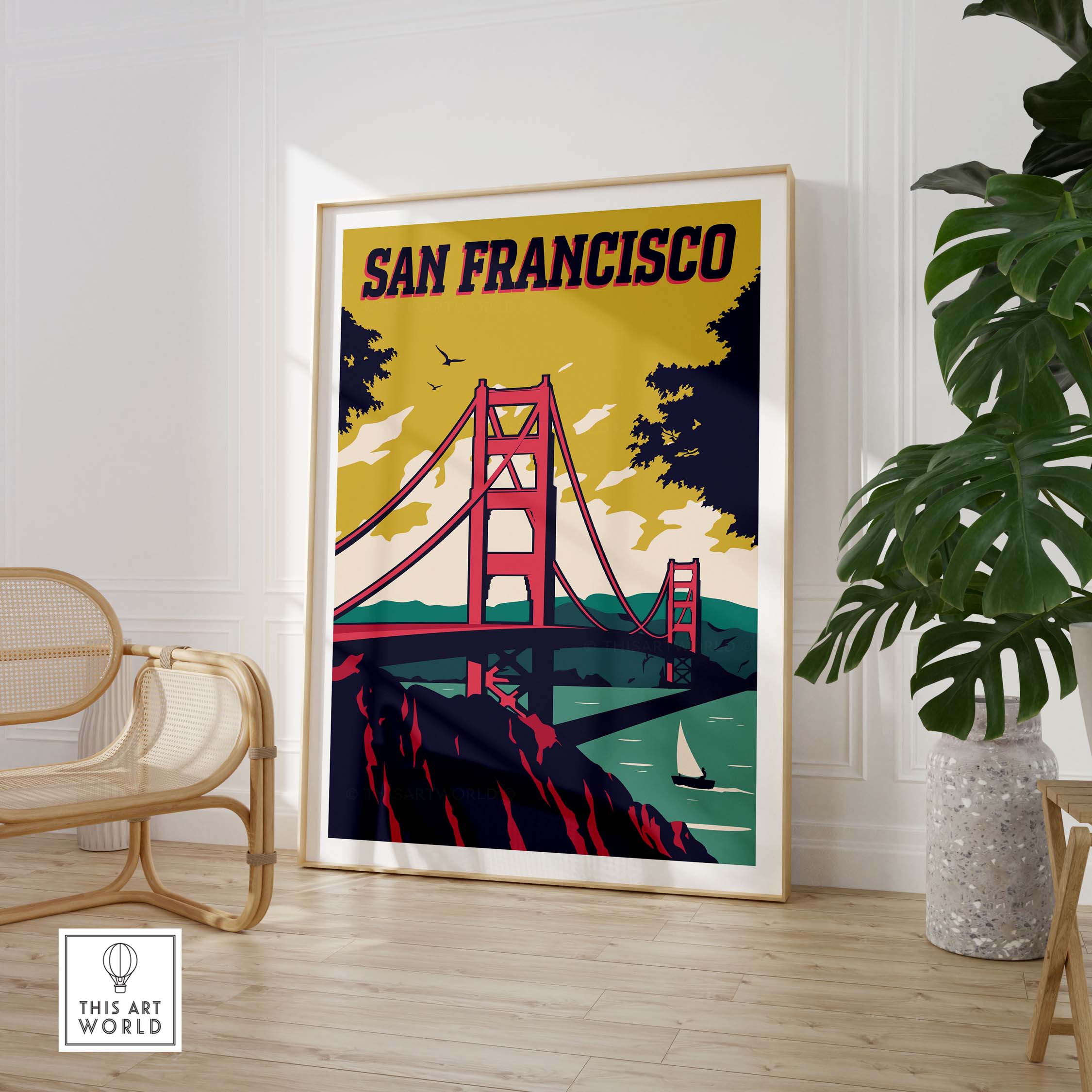 San Francisco Poster Wall Art Print featuring the Golden Gate Bridge in a vintage travel style.