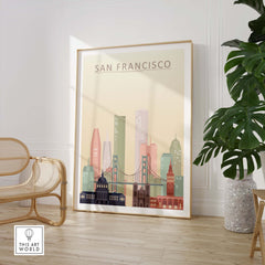 San Francisco city skyline print featuring Golden Gate Bridge in warm pastel tones, ideal for wall art decor.